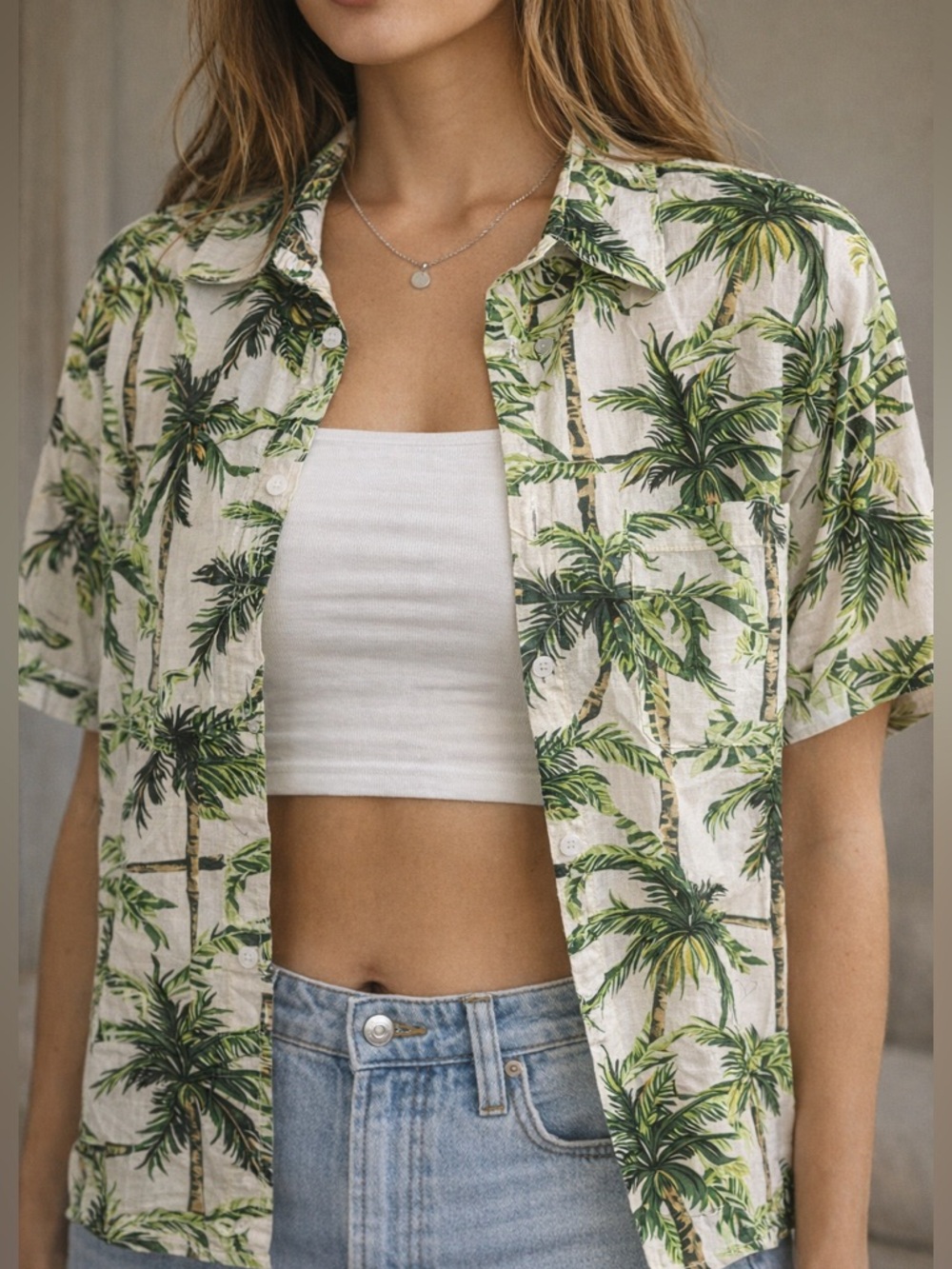 Tropical Green Palm Trees Short Sleeve Button Down Shirt Size Large